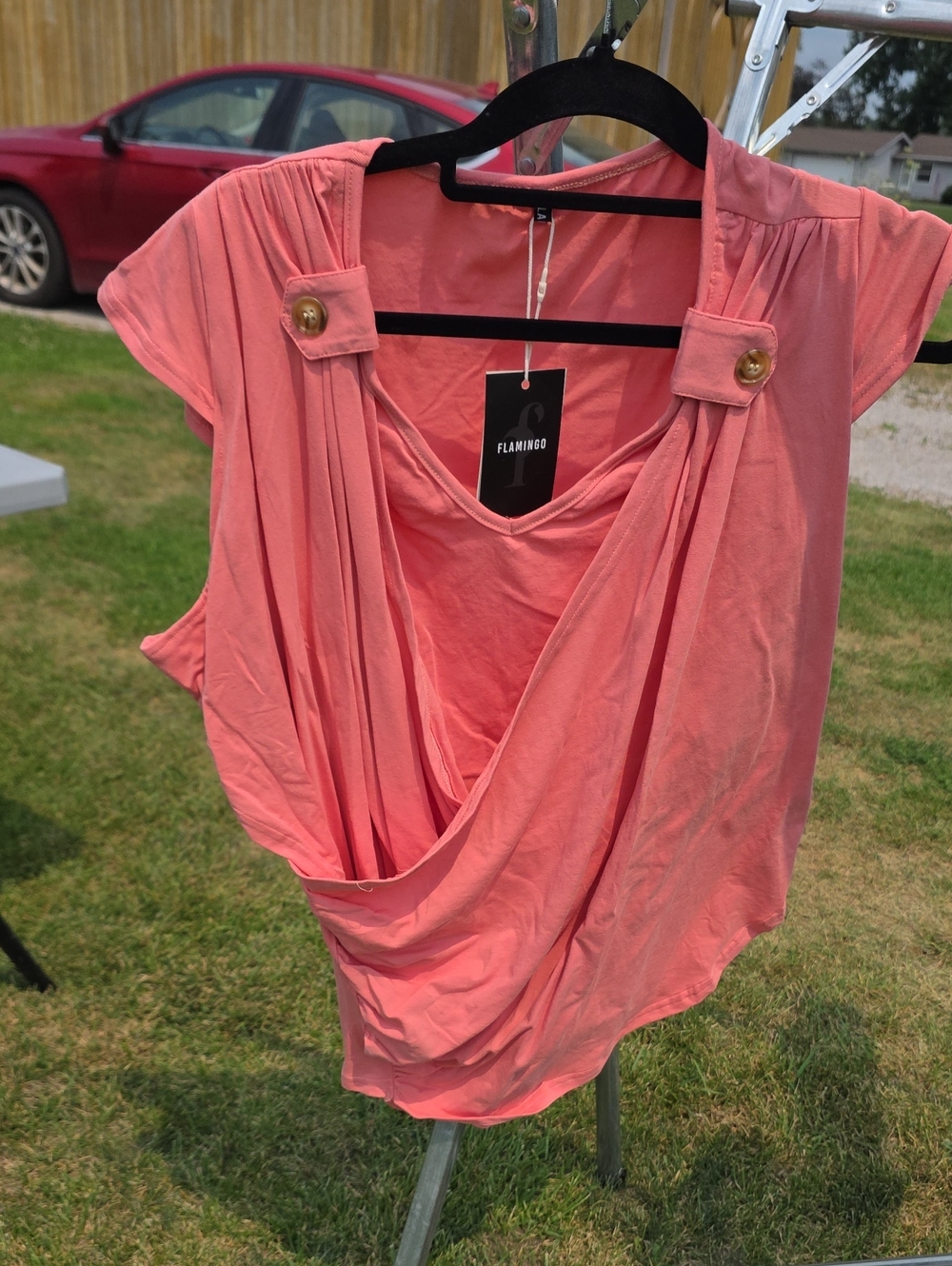 Flamingo Coral Draped Short-Sleeve Blouse